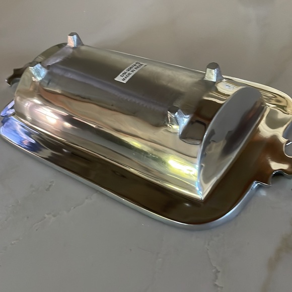 Pewter Fleur-De-Lie Serving Dish with navy blue, turquoise & cream trim - Picture 5 of 9